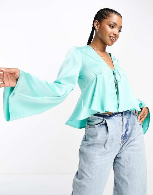Pieces - Satijnen top met peplum en gestrikte voorkant in turquoise, 3 van 5
