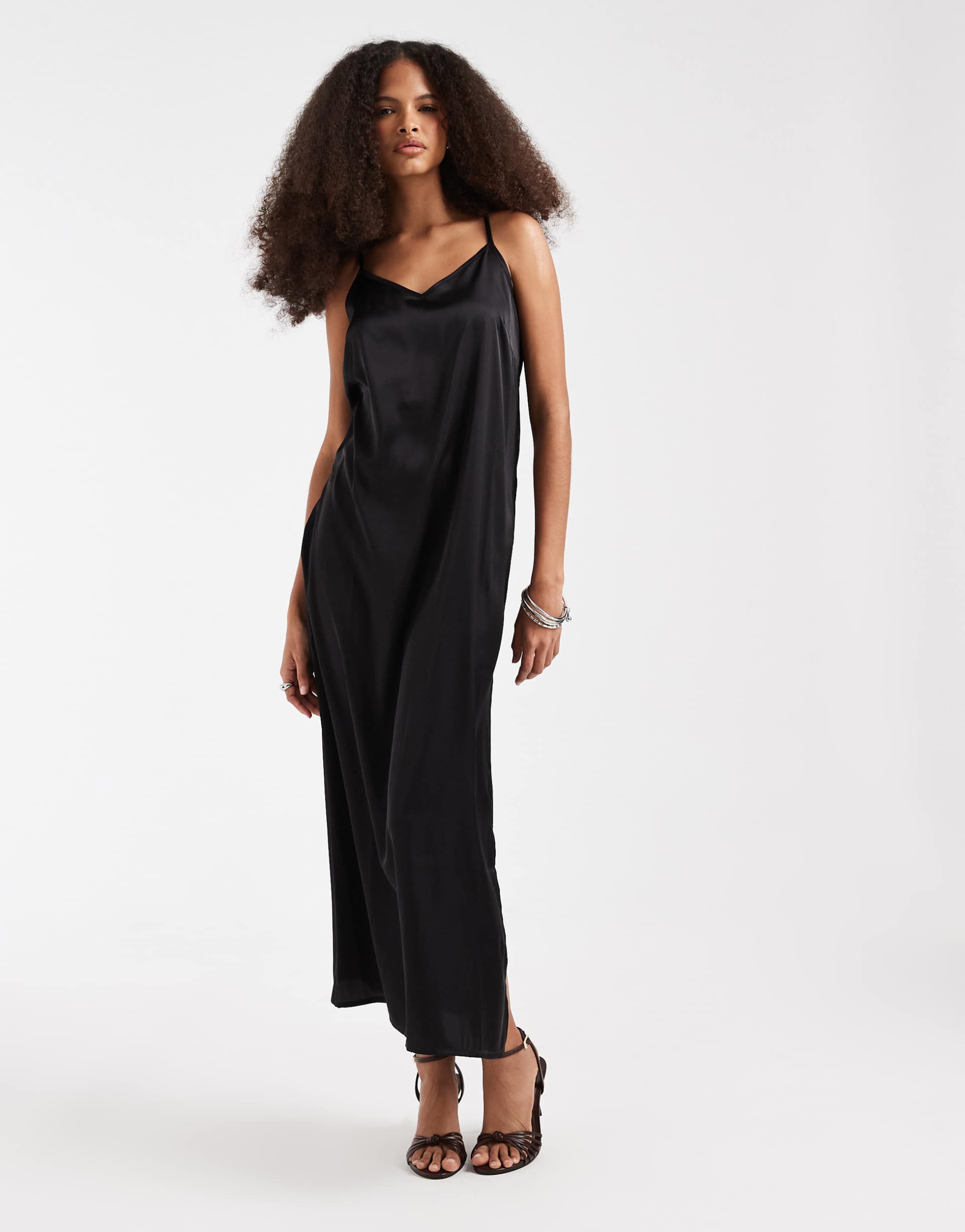 pieces satin cami maxi dress in black