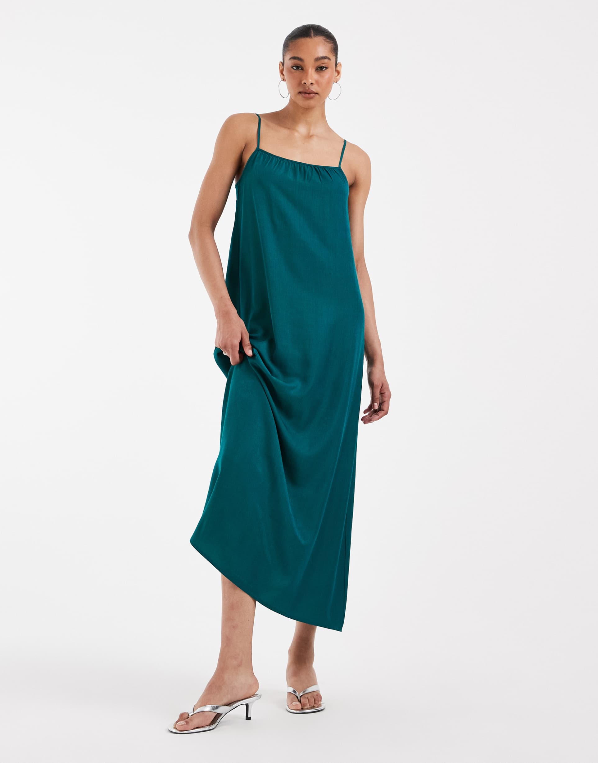 pieces satin cami maxi dress in teal blue