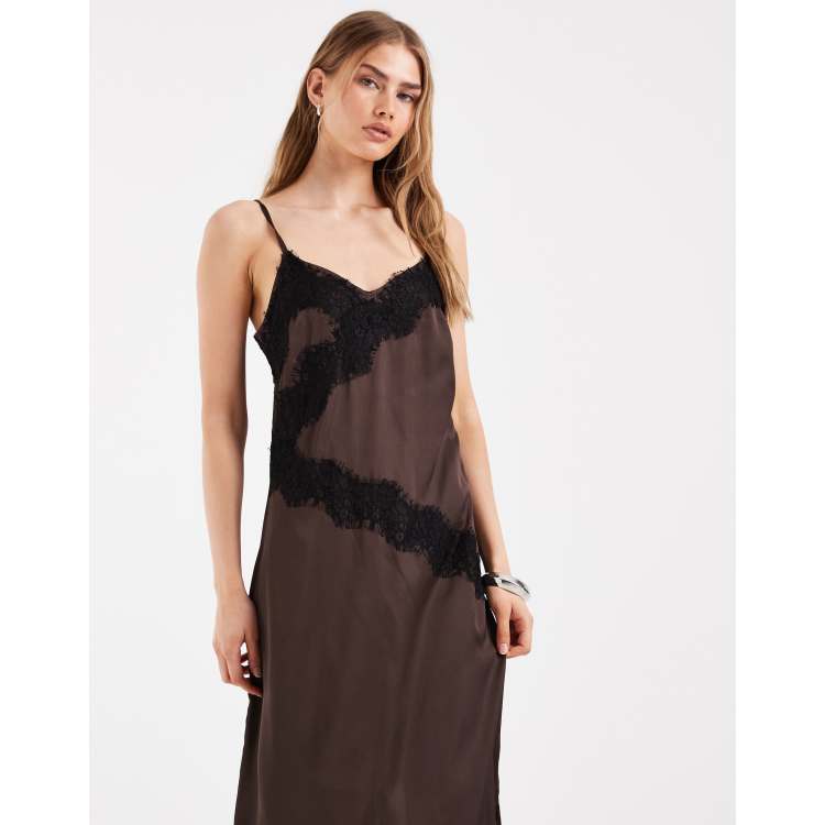 satin lace contrast lace cut out back cami dress Drama Lace Cut Out Maxi Dress in Black