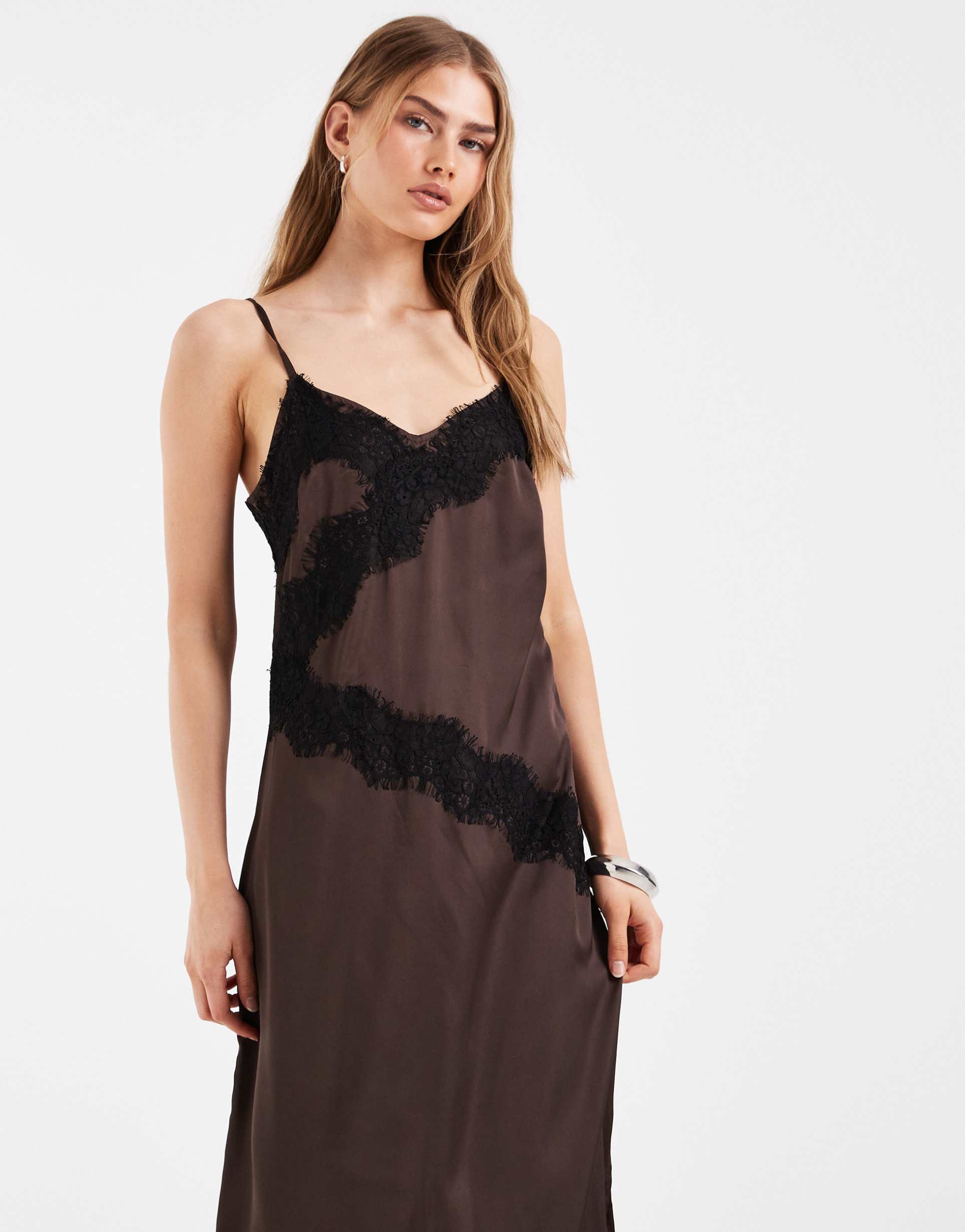 pieces satin cami maxi dress with lace trim in chocolate brown