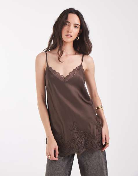 Pieces satin cami med blondekant i chokoladebrun - view 1