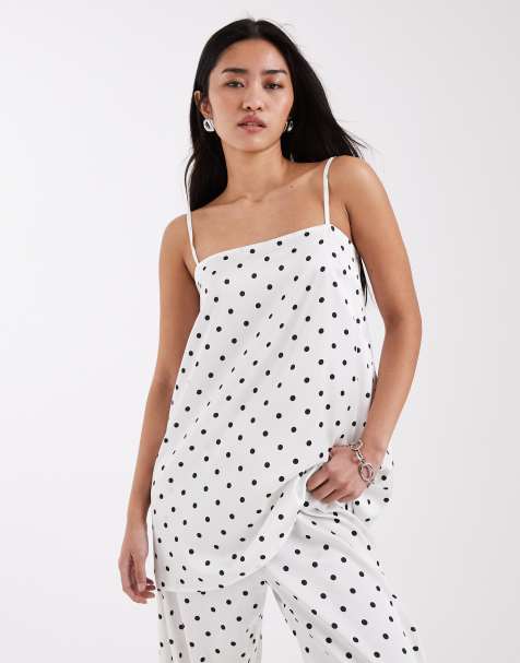 Pieces satin cami top co-ord in cream and black polka dot - view 1