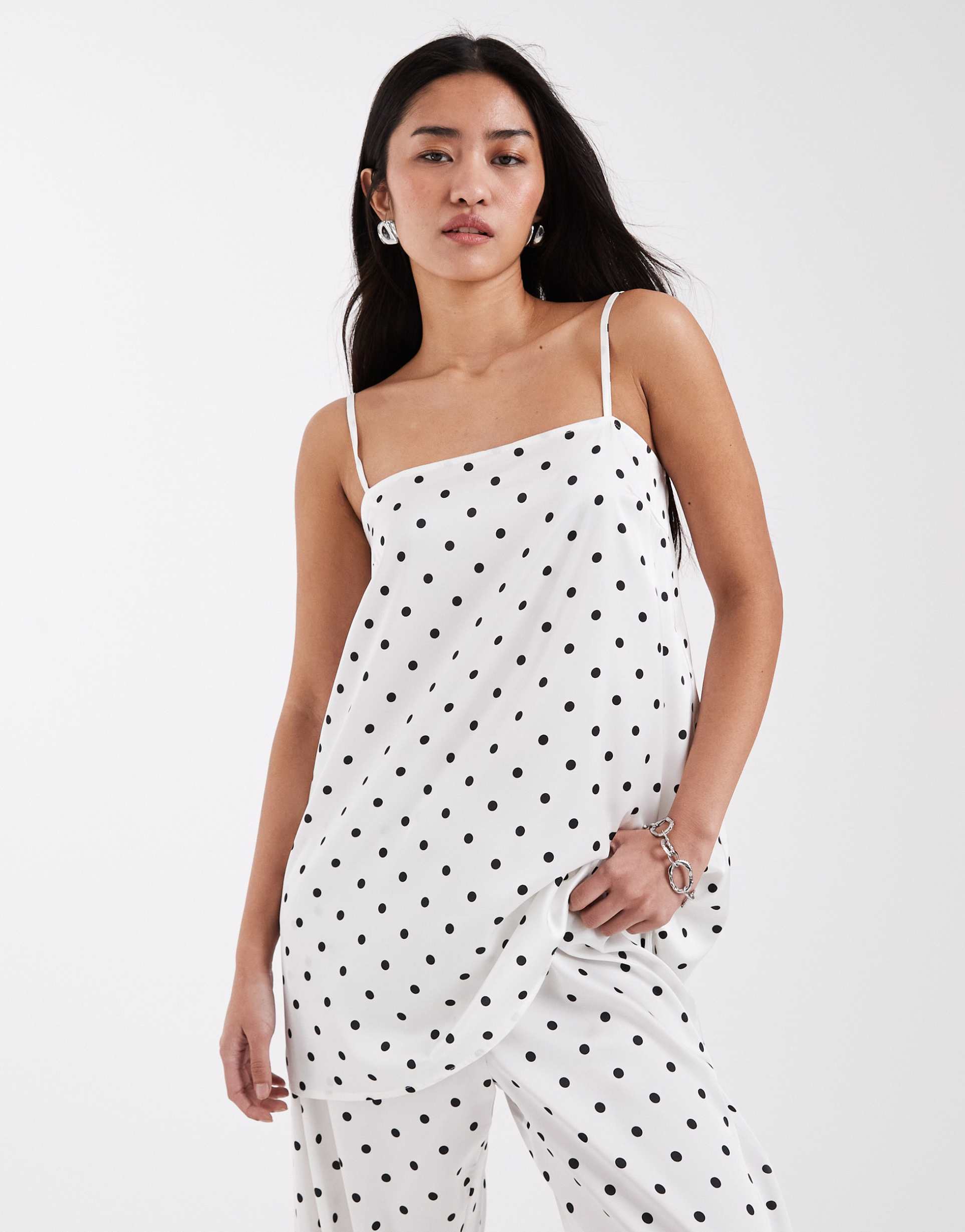 pieces satin cami top in cream and black polka dots - part of a set