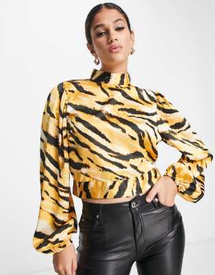 Pieces Satin High Neck Top With Open Back In Tiger Print-orange