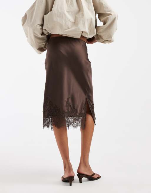 Pieces satin knee length skirt with lace trim in chocolate brown, 5 of 5