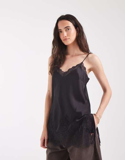 Pieces satin lace trim cami in black - view 1