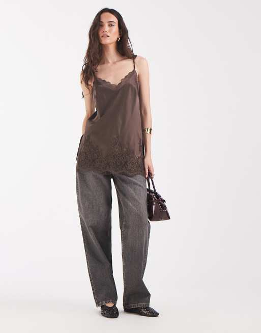 Pieces satin lace trim cami in chocolate brown, 2 of 4