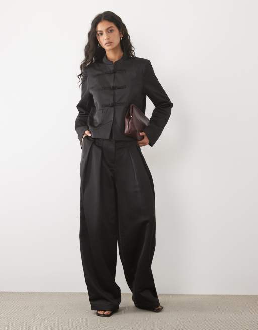 Pieces satin mandarin-style fastening jacket co-ord in black, 2 of 4