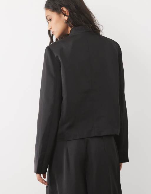 Pieces satin mandarin-style fastening jacket co-ord in black, 3 of 4