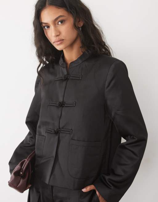 Pieces satin mandarin-style fastening jacket co-ord in black, 4 of 4