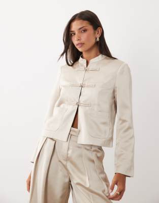 Pieces Satin Mandarin-style Fastening Jacket Co-ord In Neutral