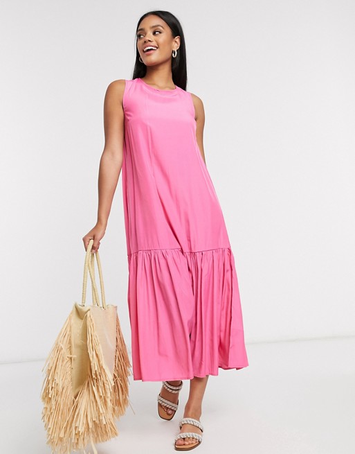 Pieces satin maxi dress with tie open back in bright pink