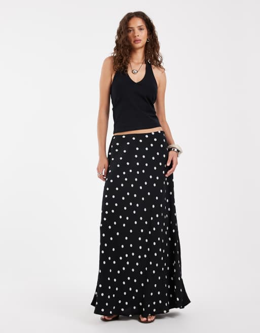 Pieces satin maxi skirt in black and white polka dot, 2 of 5