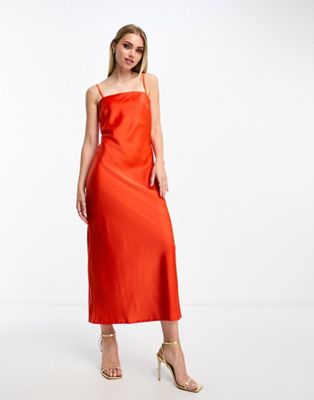 Pieces satin midi dress in coral red
