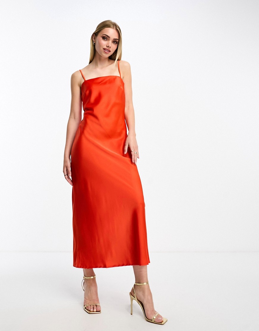 Pieces satin midi dress in coral red