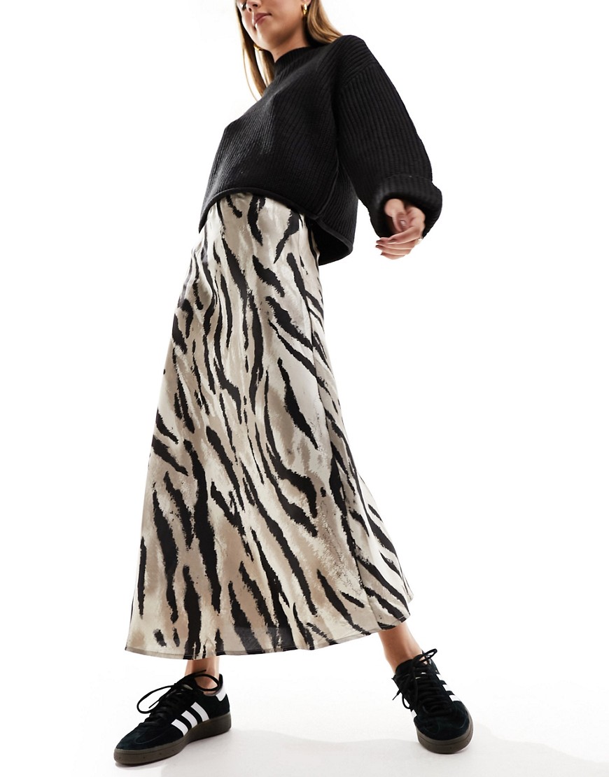 Pieces Zebra Print Satin Midi Skirt In Brown