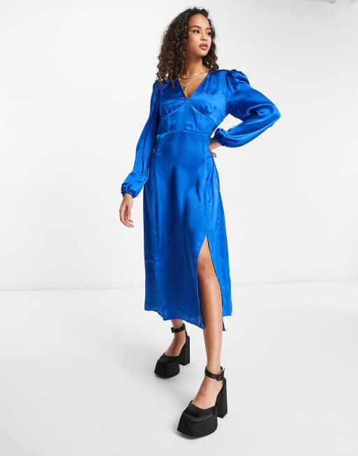 Pieces satin midi v neck dress in cobalt blue | ASOS