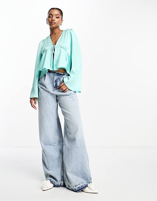 Pieces satin peplum tie front top in turquoise | ASOS Pieces satin peplum tie front top in turquoise | ASOS