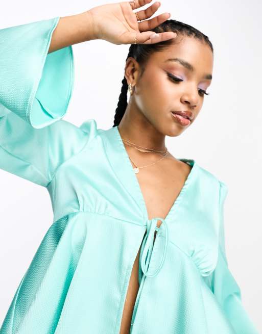 Pieces satin peplum tie front top in turquoise