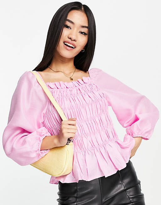 Tops Shirts & Blouses/Pieces satin shirred puff sleeve blouse in pink 