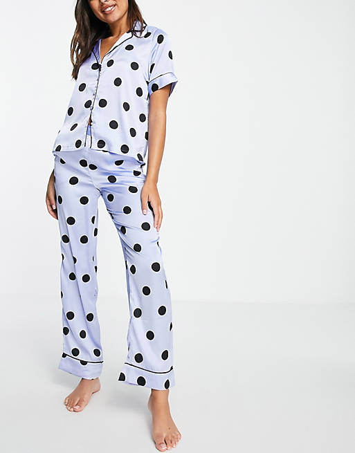 Gifts for Her Pieces satin shirt pj set in blue polka dot 