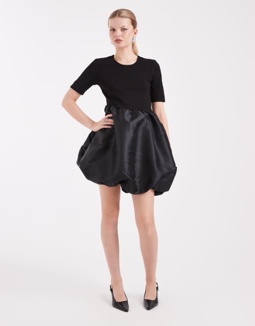 Pieces satin skirt puffball mini dress in black, 4 of 4