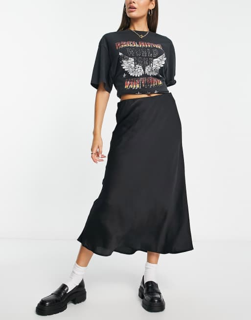 Pieces satin slip midi skirt in black ASOS