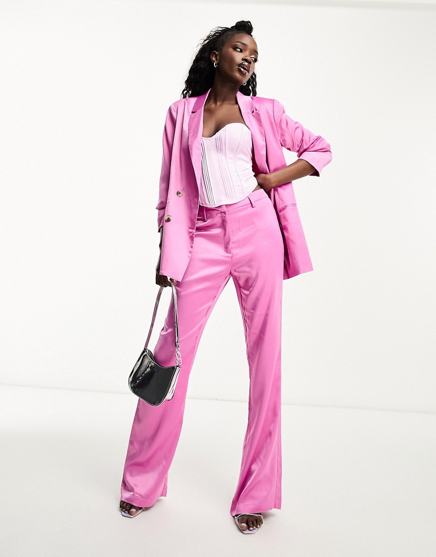 Pieces satin tailored flares in bright pink
