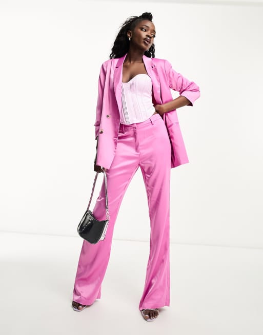 Pieces satin blazer and flared pants set in pink