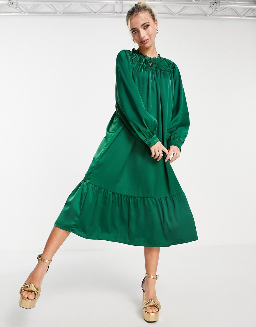Pieces satin tiered midi dress in bright green