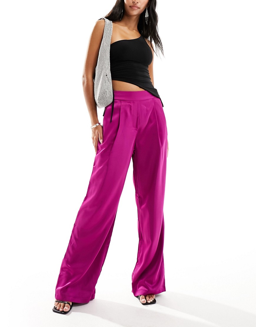 Pieces satin wide leg trousers in pink