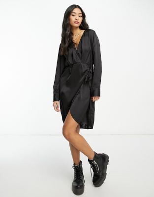 satin wrap tie side mini dress in black