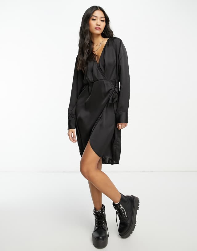 Pieces satin wrap tie side mini dress in black