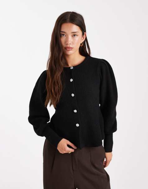 Pieces – Schwarze Strickjacke mit geraffter Taille, Ballonärmeln und Knöpfen in gehämmerter Optik - view 1