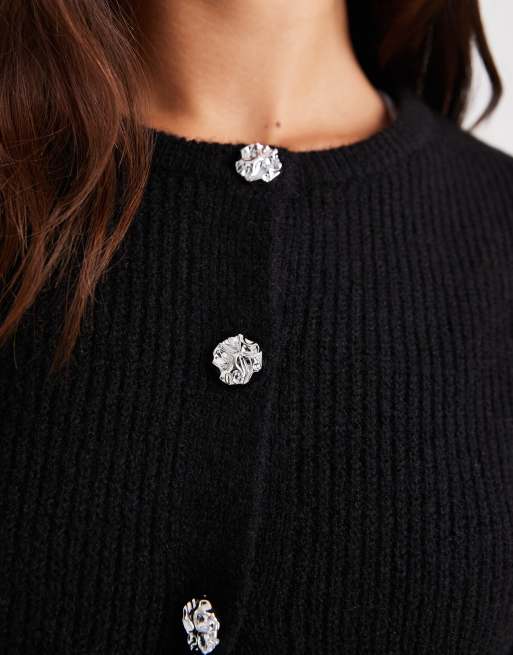 Pieces – Schwarze Strickjacke mit geraffter Taille, Ballonärmeln und Knöpfen in gehämmerter Optik, 4 von 4