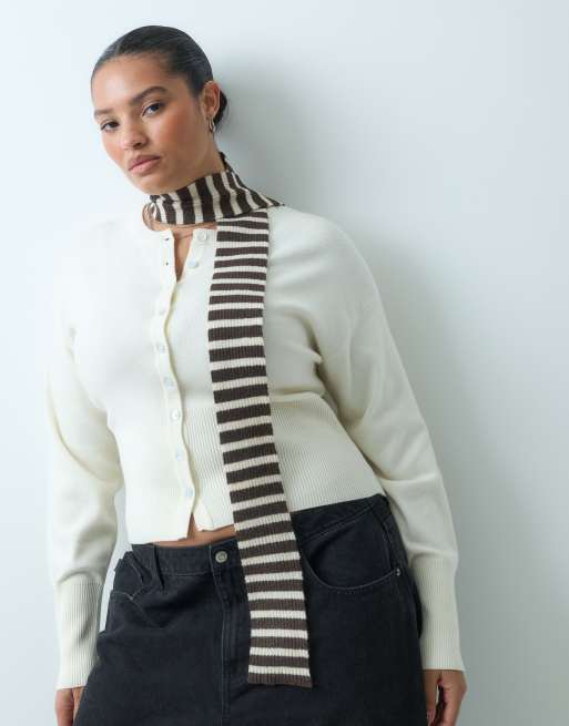 Pieces sciarpa lunga slim lavorata a maglia a righe marrone e crema, 2 di 3