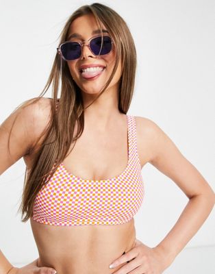Pieces scoop neck bikini top in checkerboard-Multi