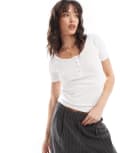 [Pieces] Pieces scoop neck popper front top in white L WHITE