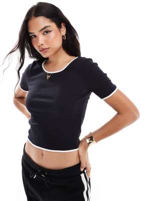 Pieces scoop neck t-shirt with contract trim in black and white