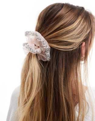 Pieces - Scrunchie in Rosa mit Strassbesatz und Glitzerperlen