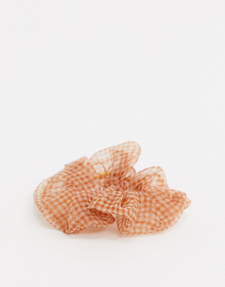 Pieces scrunchie in sheer gingham-Brown