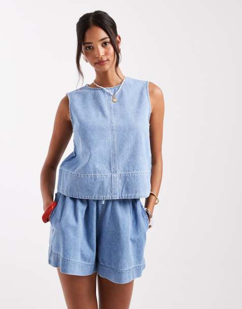 Pieces seam detail denim top co-ord in light blue - view 1