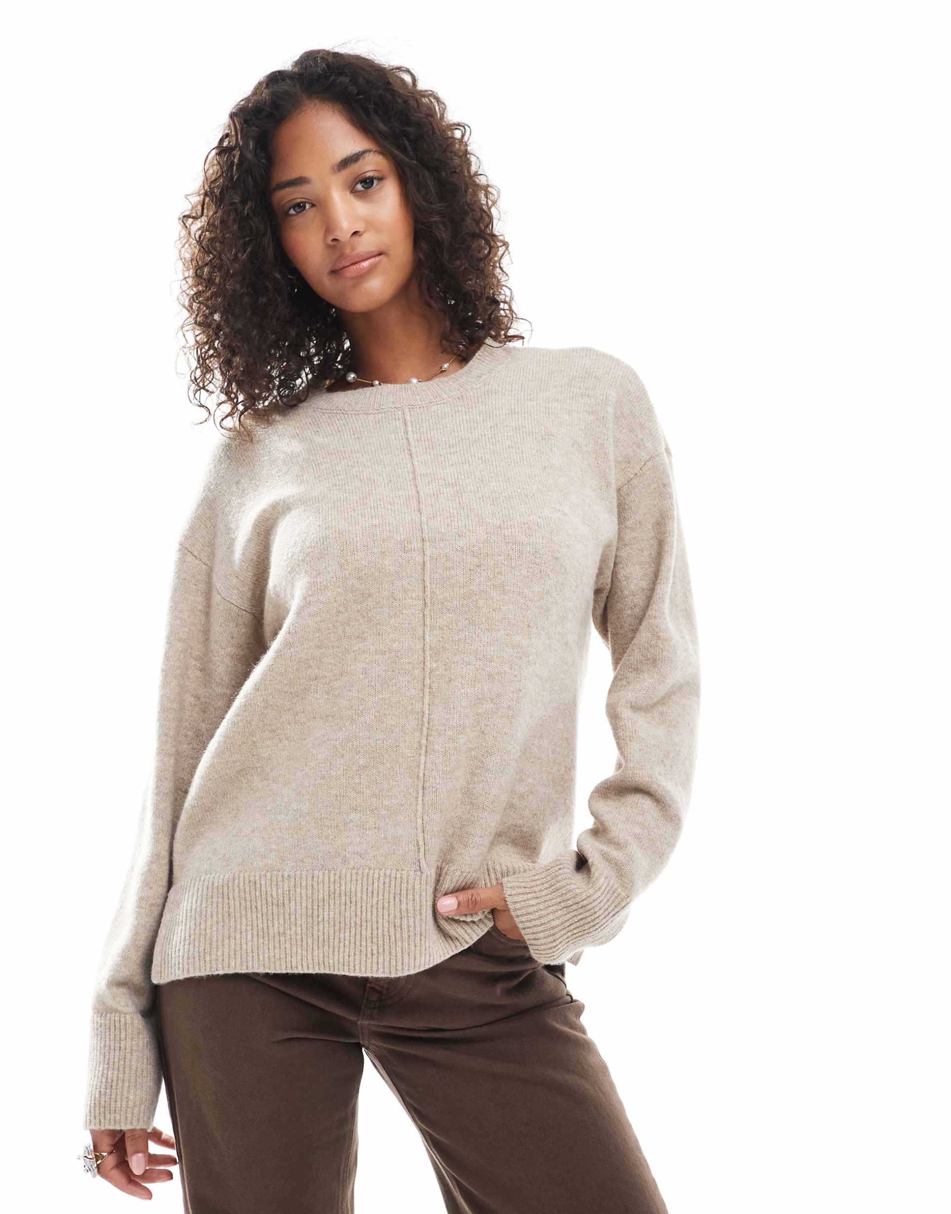 pieces seam detail knit sweater in heathered beige