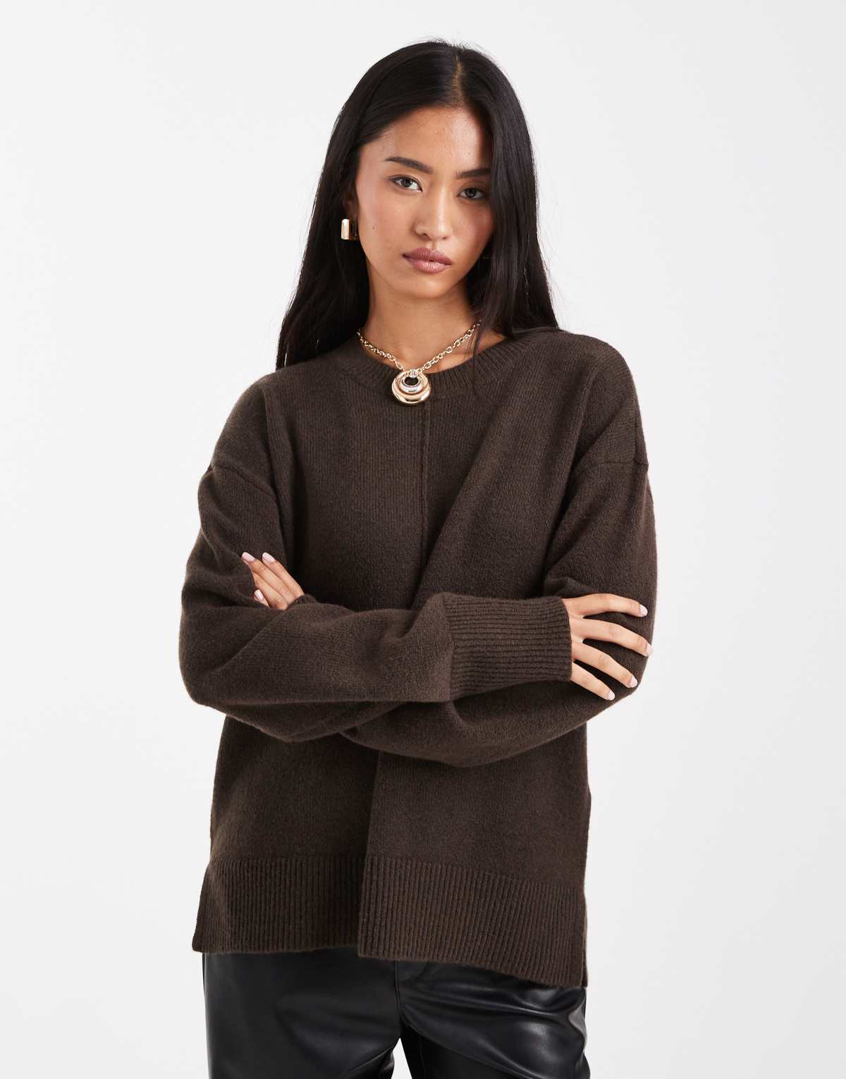 Pieces seam detail knitted jumper in chocolate brown melange