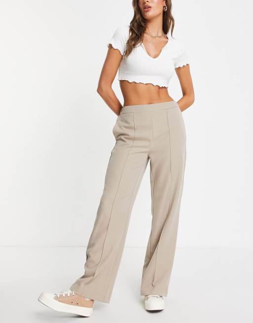 Pieces seam detail wide leg pants in beige