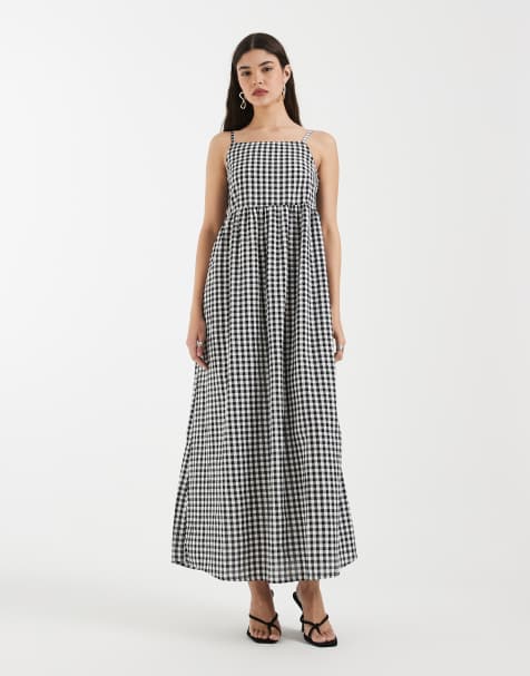 PIECES seersucker cami maxi dress in black and white gingham print - view 1