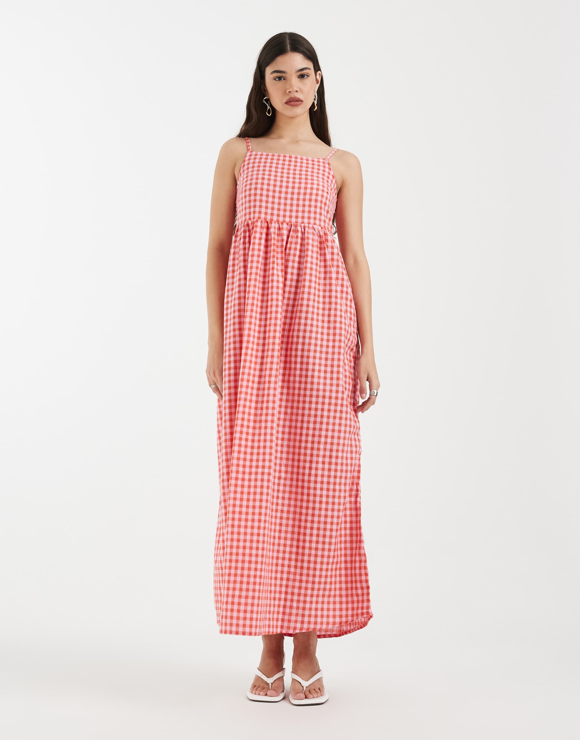 pieces seersucker cami maxi dress in pink and red gingham print