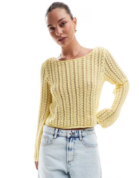 Pieces self stripe crochet knit cropped top in banana yellow - view 1