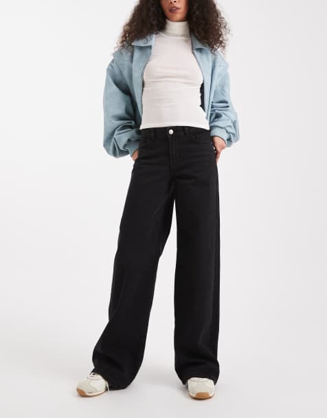 Pieces Selma wide leg mid rise jean in black
